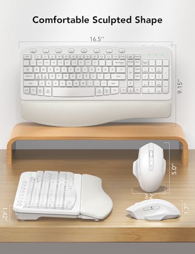 SABLUTE Wireless Keyboard and Mouse Combo with Ergonomic Wave Key | Leather Soft Palm Rest, 2.4G Full Size, 6-Button Mouse, 4-Level DPI, USB-A/C, MA12 Set for PC, Laptop, Windows, macOS (White） - color: Cloud White