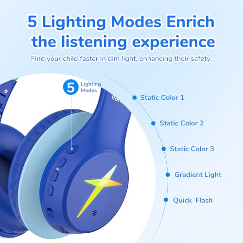 EarFun K4 Kids Bluetooth Headphones, Wireless Headphones with LED Lights | 74/85/94dBA Volume Limited, Built-in Mic, 90H Playtime, Stereo Sound Bluetooth 5.4 Over Ear Headphone for iPad/Tablet/School - color: Blue