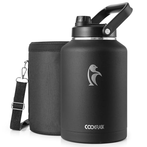Coolflask Titan 1.5 Gallon Water Bottle Insulated, 192 oz Water Jug Stainless Steel with Leakproof Spout Lid, Large Handle & Sleeve, Wide Mouth Metal Flask for Camping or Work, Magic Black - color: Magic Black, size: 192 Ounces