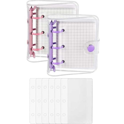 2 Pack Mini 3-Ring Binder Covers with 160 Sheets Binder Inner Paper and 6 Pieces Binder Pockets, Clear PVC Notebook Loose Leaf Folder Mini Soft Binder Notebook for Diary (Purple, Pink)