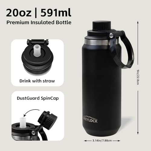 Greylock 20 oz Insulated Water Bottle with Straw Lid, Reusable Stainless Steel Sports Water Bottles with Foldable Handle, Leak Proof, Double-Wall Vacuum Insulation, 24 Hours Cold (Black) - color: Midnight Black, size: 20 Ounces