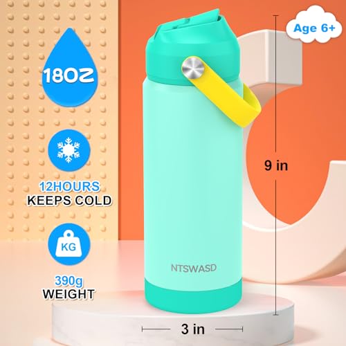 Kids Water Bottle with Straw,18 oz Boys Insulated Cups with Stainless Steel Leak Proof for School Boys Girls,Sport&Travel（Green） - color: B18.Green