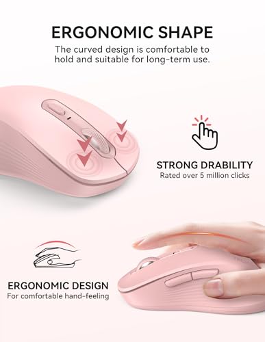 TECKNET Bluetooth Mouse, [ USB + BT1 + BT2 ] Wireless Mouse for Laptop, Silent Click, Ergonomic Design, 4800 DPI Computer Mice Wireless, Dual Mode for Laptop, Computer, iPad, MacBook - color: Pink