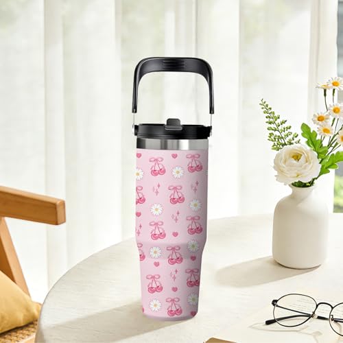 Pink Cherry Tumbler 30oz with Handle - Stainless Steel Insulated Cup, Leakproof Water Bottle with Cherry Design for Women & Girls, Perfect Birthday Christmas Gift - color: Pink cherry, size: 30 Ounces