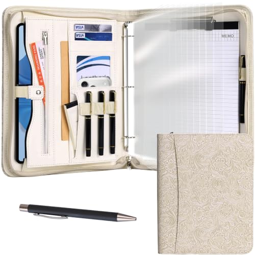 Leathario Portfolio Binder, Padfolio Organizer, 3 Ring Binder with Zipper | Includes Pen and 10 Sheet Protectors, Fits 13 in Tablet, Vegan Leather, for Business Resume Office Professional Men and Women - color: Off-white Fd