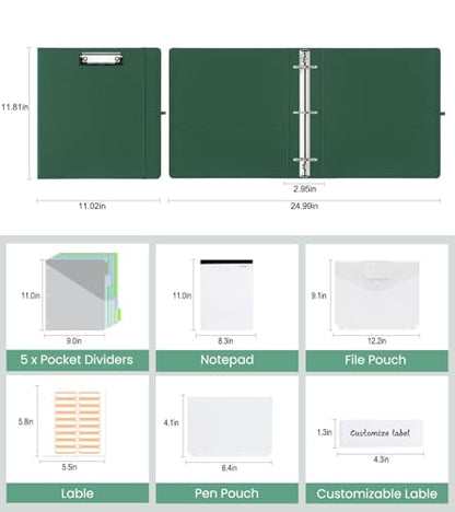 3 Ring Binder with Clipboard,2 Inch Binders with Notepad&5 Dividers with Pockets, Labels,PU Clipboards for School Office(Green,Letter Size) - color: Green, size: Letter Size -2 Inch