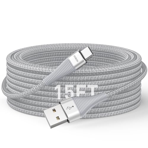Extra Long USB A to USB C Cable 15FT, Type C Fast Charging Cord Braided USBC Charger for iPhone 17 Pro Max, 16 15, iPad Pro, Air, mini, Samsung Galaxy, Pixel, Android Cell Phones & Tablets - Silver - color: Silver, size: 15 FT - 1 Pack, style: USB A to US