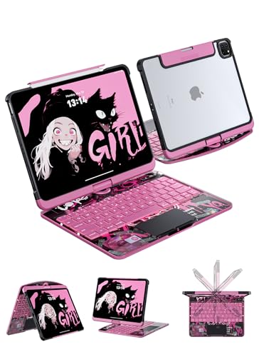 Keyboard Case for iPad Air 13-inch (M3/M2, 2025/2024) and iPad Pro 12.9-inch (3rd–6th Gen), 360° Rotating Clear Case with Multi-Touch Trackpad, 7-Color Backlit, LCD Power Display, Pencil Holder, Pink - color: pink, size: iPad Air 13-in/iPad Pro 12.9-in