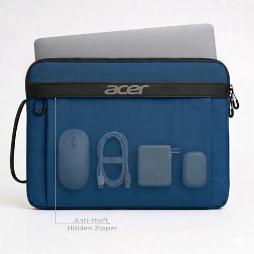 Acer Laptop Sleeve Case for 13.3-14 inch Laptops, Slim Protective Computer Sleeve with Hidden Zipper Pocket, Soft Plush Bubble Padding, Side Handle and Luggage Strap, Travel Laptop Bag, Blue | Slim, Soft Bubble Padding, Extra Front Storage, Wrist Strap, S