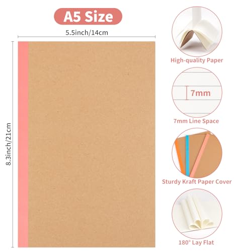 ALKALO 15 Pack Lined Notebook Journals Bulk, A5 College Ruled Composition Notebook, 8.3”x 5.5”,Kraft Cover with Rainbow Spines, 15 Colors 60 Pages for School Office Travel - color: Rainbow, style: Lined-15pack