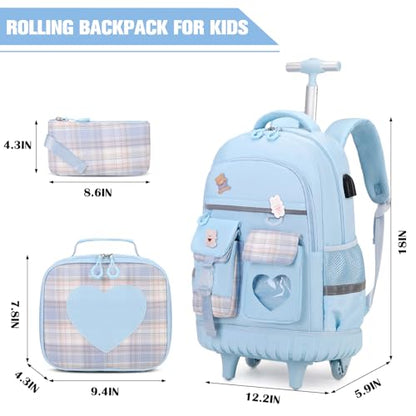 ACESAK Rolling Backpack for Girls - Roller Wheels School Bookbag with Lunch Bag & Pencil Pouch for Teen Girls Kids Wheeled Suitcase Backpacks, Elementary Middle School Travel Daypack (Blue) - color: Blue
