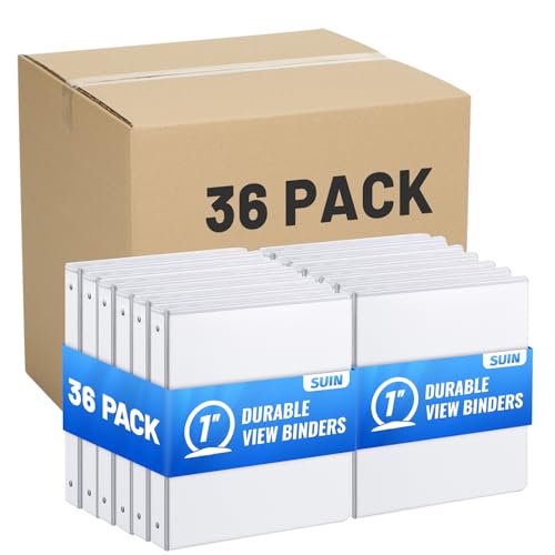 SUIN 3 Ring Binder Bulk 36 Packs -Premium 1'' Binders with Roung Ring Binder, Large 200 Sheet Capacity, Fit 8.5" x 11" US Letter Size Paper, White (1'' White - 36 Packs) - size: 1'' White - 36 Packs