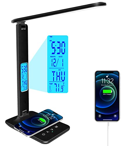 snsok Desk Light with Wireless Charger, USB Charging Port, Dimmable Office Desk Lamp with Clock, Alarm, Date, Temperature, Foldable Lamp for Table Bedroom Bedside Office - color: Black, size: Standard Size-13.3 inch