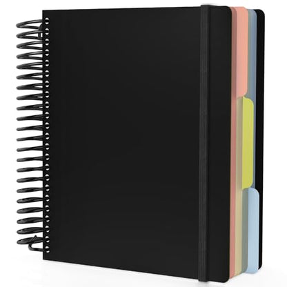 EUSOAR Black Spiral Notebook, 1 Pack A5 7.3" x 8.1" 3 Subject Notebook Journal, College Ruled Hardcover Cute Notebook 240 Pages 90gsm Thick Paper with Pocket for Work Office School Supplie - color: Black, style: A5 Lined