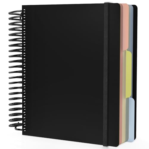 EUSOAR Black Spiral Notebook, 1 Pack A5 7.3" x 8.1" 3 Subject Notebook Journal, College Ruled Hardcover Cute Notebook 240 Pages 90gsm Thick Paper with Pocket for Work Office School Supplie - color: Black, style: A5 Lined
