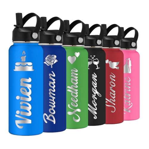 Personalized Water Bottle with Straw Lid for School,Custom Engraved Insulated Stainless Steel Sports Water Bottle with Name for Girls Boys Women Men(24oz/32oz/40oz,12 Colors) - color: Blue, style: Valentine's Day