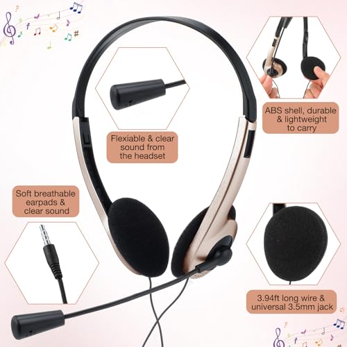 Yunsailing 30 Pack Classroom Headphones with Microphone School Student Headphones Bulk Class Set Lightweight Adjustable Earphones on Ear with 3.5 mm Jack(Champagne, Plastic Stem) - color: Champagne, style: Plastic Stem