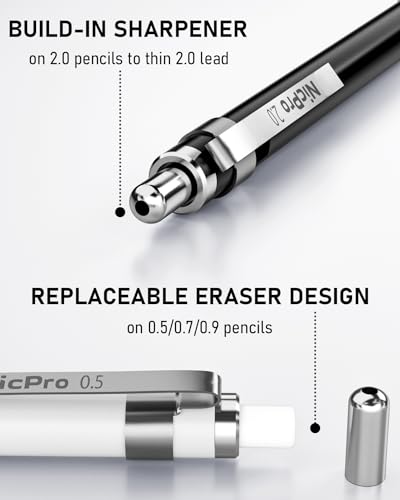 Nicpro 38PCS Art Mechanical Pencils Set in Leather Case, 3 PCS Metal Drafting Pencil 0.5, 0.7, 0.9 mm & 5 PCS 2mm Lead Holder (6B 4B 2B HB 2H 4H Colors) For Sketching Drawing With 20 Tube Lead Refills - size: 38PCS