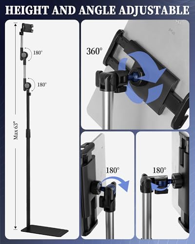 SHUWEI Tablet Floor Stand with Double Self-Locking Gears, 63”Height Adjustable iPad Floor Stand with 7.5lb Stable Base, Fits with 4.7-15.6'' iPad, Phone, Monitor (White) - color: White
