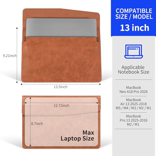 13 Inch Leather Laptop Sleeve Compatible with MacBook Neo 13" 2026 & MacBook Air/Pro 13" (M5/M4/M3/M2/M1, 2025-2018), Magnetic Buckle Closure Protective Case Cover,Brown - color: Brown, size: For MacBook 13"