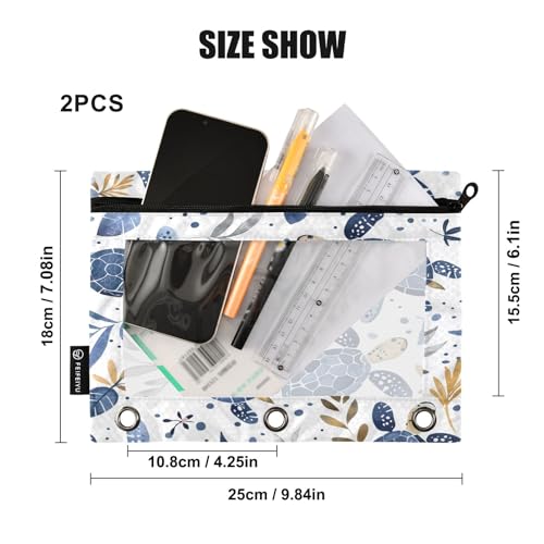 SUABO Turtle Pencil Pouch for 3 Ring Binder, 2 PCS Binder Pencil Pouch with Zipper, Clear Window Zipper Pencil Case Pencil Bags for Office Supplies - color: Turtle