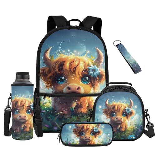 Cute Highland Cow Kids School Backpack Set with Lunch Bag Pencil Case and Water Bottle Carrier 5 Pieces Large Capacity Backpack for Travel and School - color: Cute Highland Cow