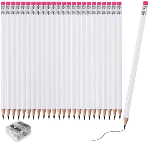 Adhere 25pcs Woodcase Pencils with Eraser Premium Pre-Sharpened Hexagon Graphite 2B pencils ideal for home, office writing including a Free Sharpener(White・25pcs) - color: White・25pcs