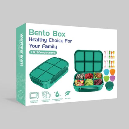 Amathley Lunch Box Kids Girls Boys,Bento Box Adult,Toddler Lunch Containers for School,Leakproof Snack Containers with 6 Compartments,Sauce Container,10 Food Picks and 4 Muffin Cups (Green) - color: Green