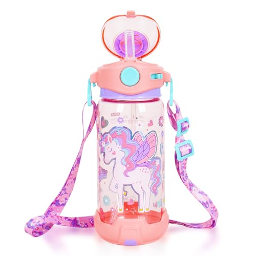 Kids Water Bottle with Straw/Lanyard for School Kids Girls Boys, 22oz BPA Free Child Drinking Water Bottle One-Click-Open Leak-Proof Locking Flip Lid for School Sport Travel - color: H11. Unicorn