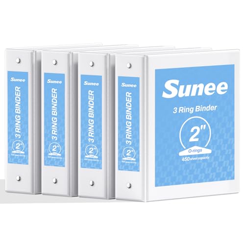 SUNEE 2 Inch Binders 3 Ring 4 Pack, PVC-Free Clear View 2" Binders (Fits 8.5x11 Inches) for School, Office & Home Use, White - color: White, size: 2 Inch, style: 4 Pack