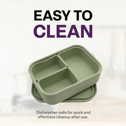 A-to-Z Supply 289-0054G Heavy Duty Silicone Bento Box with 3 Removable Compartments, BPA-Free, Leak-Resistant, Dishwasher & Microwave Safe, Ideal for Work, Travel & Meal Prep, Green - style: 3 Compartments Removable