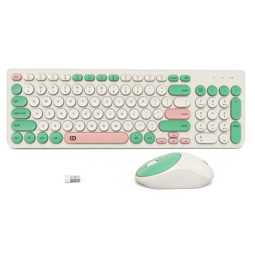 Wireless Keyboard and Mouse Combo, 2.4GHz Colorful Cute Round Keycaps Keyboard for Office Computer PC Desktops Laptop (96 Keys Light Green) - color: 96 Keys Light Green