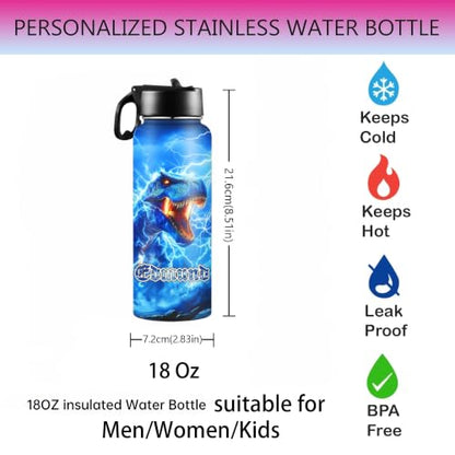 D-Story Personalized Kids Water Bottle with Name, 18 oz Custom Stainless Steel Vacuum Insulated Tumbler, Leak-Proof Straw Lid, Back to School Gifts - Soccer Dinosaur, Racing Car Cool Theme - color: Sci-fi special effects 01