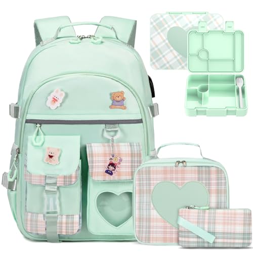 ACESAK Girls Backpack - Bento Box with Insulated Lunch Bag Pencil Case & Utensils Set for Kids, 6 Leakproof Compartments Removable Tray Lunches or Snack Container for School (Green) - color: Green