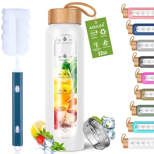Aqulea Glass Water Bottles 32 Oz with Silicone Sleeve - BPA Free Reusable Wide Mouth Glass Motivational Water Bottles with Fruit Infuser – Leak Proof Borosilicate Water Bottle with Time Marker (White) - color: White, size: 32 Ounces