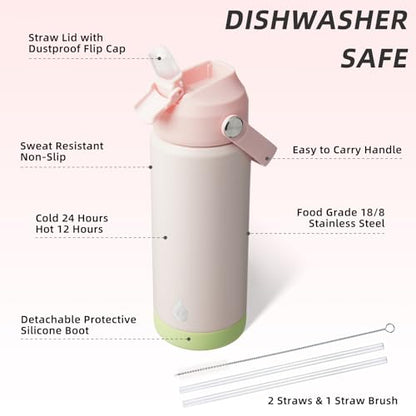 BJPKPK Insulated Water Bottle with Straw Lid, 18oz Thermo Water Bottles, Flex Handle & Non-slip Boot, BPA Free Leak Proof Stainless Steel Metal Thermo, Tumblers, Cups,Pearl Pink - color: Pearl Pink, size: 18 Ounces