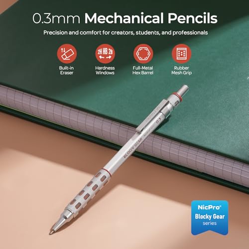 Nicpro Blocky Gear 0.3 mm Mechanical Pencils Set in Case | Metal Pencil with 120 PCS Lead Refills, Eraser for Professional & Adult Art Writing Drafting Drawing - size: 0.3 mm