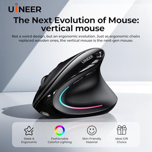 Uineer Vertical Ergonomic Mouse, Wireless Bluetooth Mouse, 3-Device | Switch among 3 devices via dual Bluetooth and 2.4G; rechargeable with 7-color ambient lighting. - color: Black