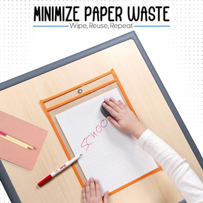 Essex Wares - 6 Pack, Orange, Dry Erase Pocket Document Protectors, 10" Wide x 13.5" Tall - Dry Erase Clear Plastic Sleeves - Reusable & Easy Erase Plastic Invoice Holders, Water-Resistant & Durable - color: Orange