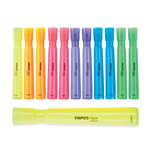 STAPLES Hype Highlighters - Chisel Tip, Fluorescent Yellow, Sharpie-Style, Quick-Dry Ink, 12 Pack, Assorted Colors - color: Assorted, size: 1 Count (Pack of 12), style: Hype Tank