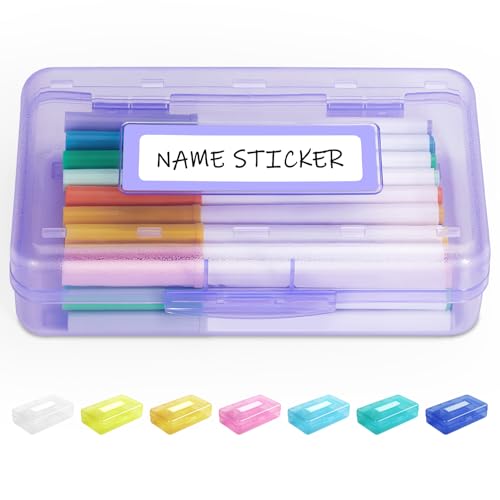 Sooez Pencil Box with Personalized Sticker,Large Hard Pencil Case Organizer | Clear Plastic Crayon Box for Girls and Boys, Colored Marker Organizer, Small Plastic Containers/Bins with Lids, Art Supply - color: Light Purple