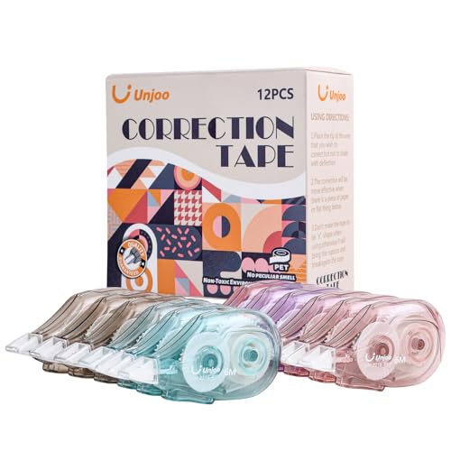 Unjoo White Correction Tape (12pack, 6M/256, Tape Width 0.2in, 4 colors) | Easy To Use Applicator, Fast, Clean Tear-Resistant Tape For school Supplies, Office - color: 12pcs-4colors