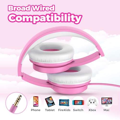 TuneFlux Upgraded Kids Headphones, Wired Toddler Headsets, 85dB Limited Volume On Ear Headphones, Portable Foldable Design, Stereo Sound Kids Headsets for School/Tablet/Travel-Pink - color: Pink