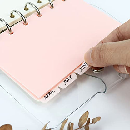 A7 Dividers 6 Holes Durable Plastic Binder Dividers with 6 Tabs, Transparent Writable and Erasable File Page Separators for Loose Leaf Ring Binders, Notebooks (Pink - 2 Sets with Stickers)