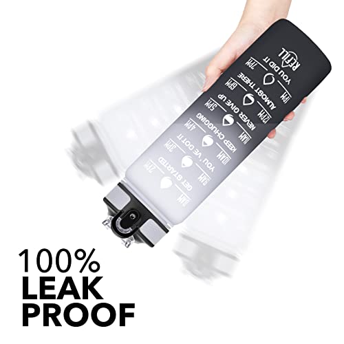 Hyeta Water Bottle with Straw & Time Marker, Plastic 32oz Leakproof | Motivational Tritan BPA Free Gym Office Outdoor Intake Tracker Hourly Reminder Straw Lid Carry Strap - color: Gray-Black