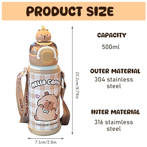 Capybara Water Bottle with Lid & Straw 520ml Stainless Steel Cute Water Bottle Portable Drinking Cup with Cup Sleeve and Strap for Office School Travel Girls.