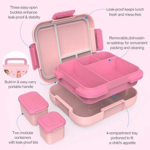 Caperci Bento Box for Kids Age 4-8 - Leak-Proof Toddler Lunch Box Container with 2 Modular Containers & 4 Compartments, Hold 4.8 Cups, Portable Handle, BPA-Free, Microwave/Dishwasher Safe (Mermaid) - color: Mermaid