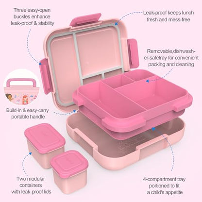Caperci Bento Box for Kids Age 4-8 - Leak-Proof Toddler Lunch Box Container with 2 Modular Containers & 4 Compartments, Hold 4.8 Cups, Portable Handle, BPA-Free, Microwave/Dishwasher Safe (Mermaid) - color: Mermaid