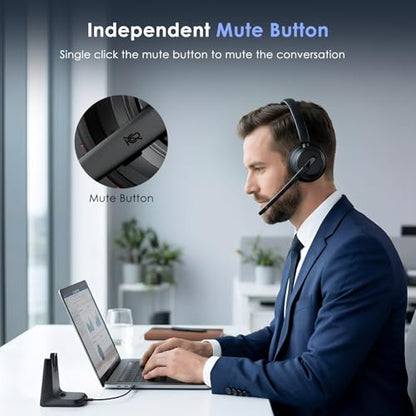 Mopchnic Wireless Headset with Noise Cancelling Microphone, On-Ear Bluetooth Headset with USB Dongle, Mute Function & Charging Base, Wireless Headphones for Work from Home and Call Center (Black) - color: Black
