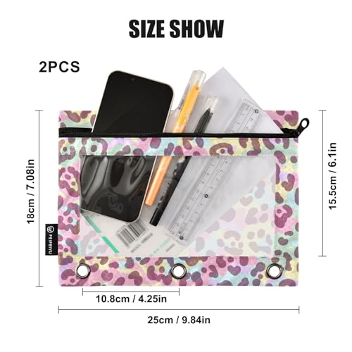 ZAZYXTJ Personalized Leopard Print Binder Pencil Pouchs 3 Ring | with Zipper Clear Window Office Organizers bag for School Students Teacher Supplies 2 Pack - color: Leopard Print